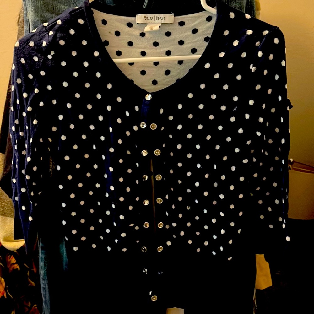 Blue and White polkadot- White House, Black Market sweater, button up - Sz XS